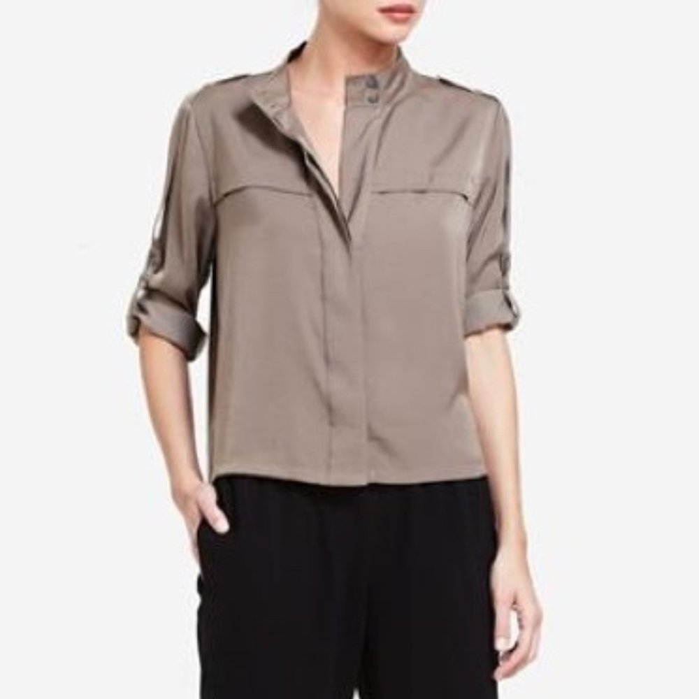 BCBGMaxAzria Taupe Button-Front Utility Blouse